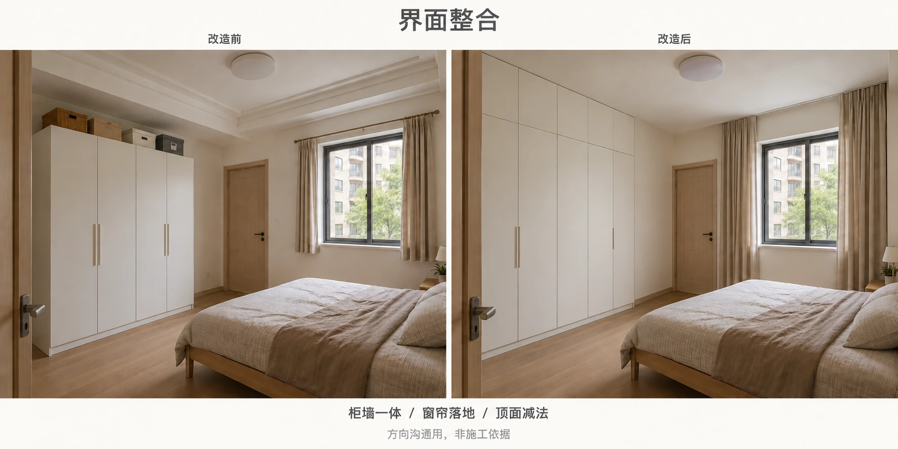 图 04 · 界面整合，左侧调整前、右侧调整后的同房间对照