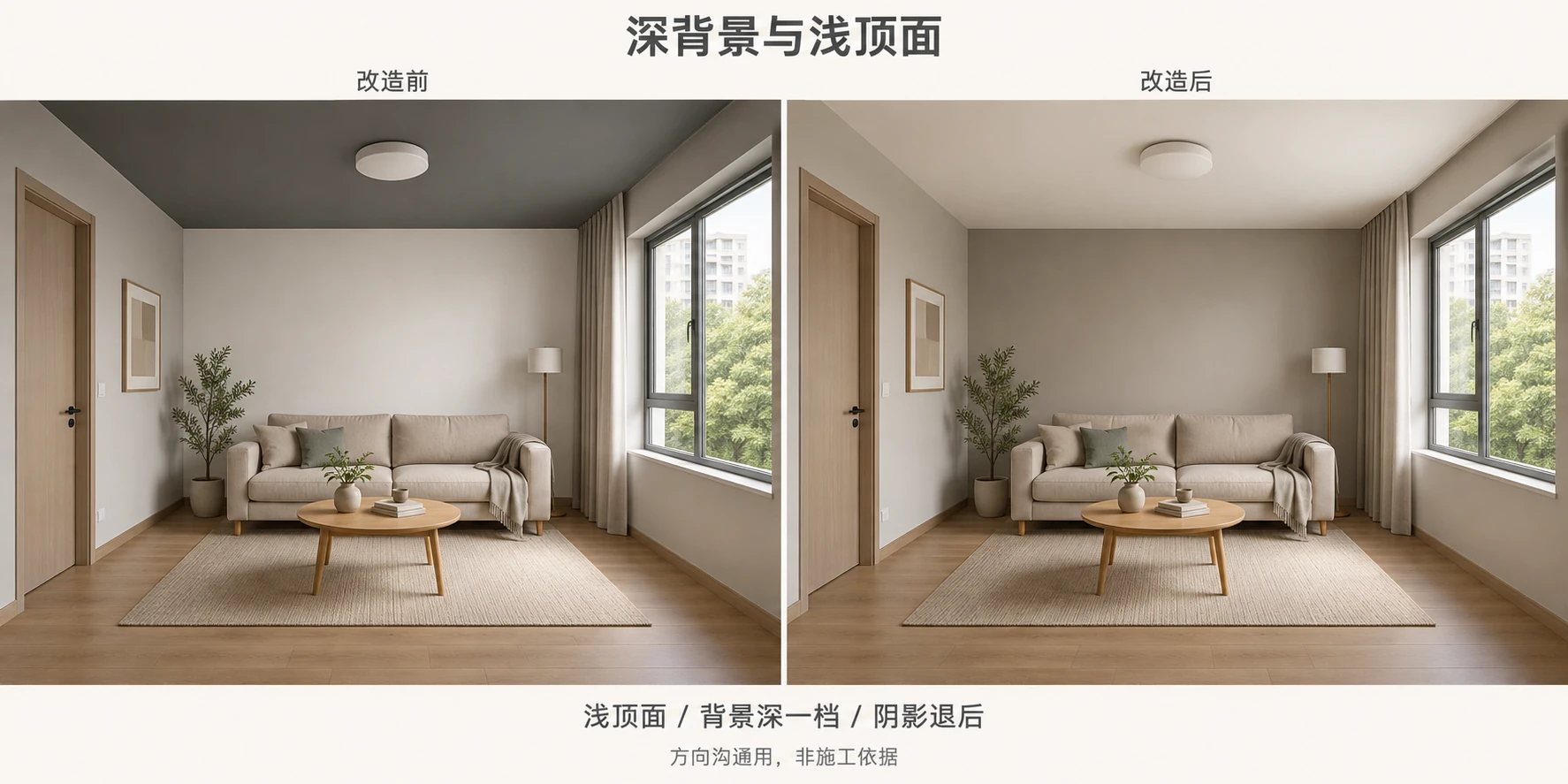 图 06 · 深背景与浅顶面，左侧调整前、右侧调整后的同房间对照