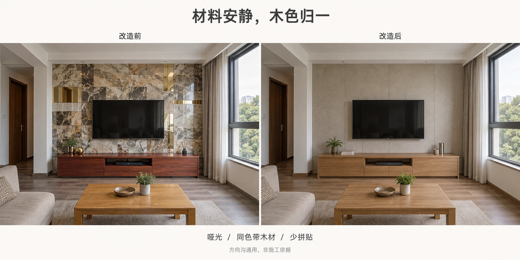 图 07 · 材料安静，木色归一，左侧调整前、右侧调整后的同房间对照