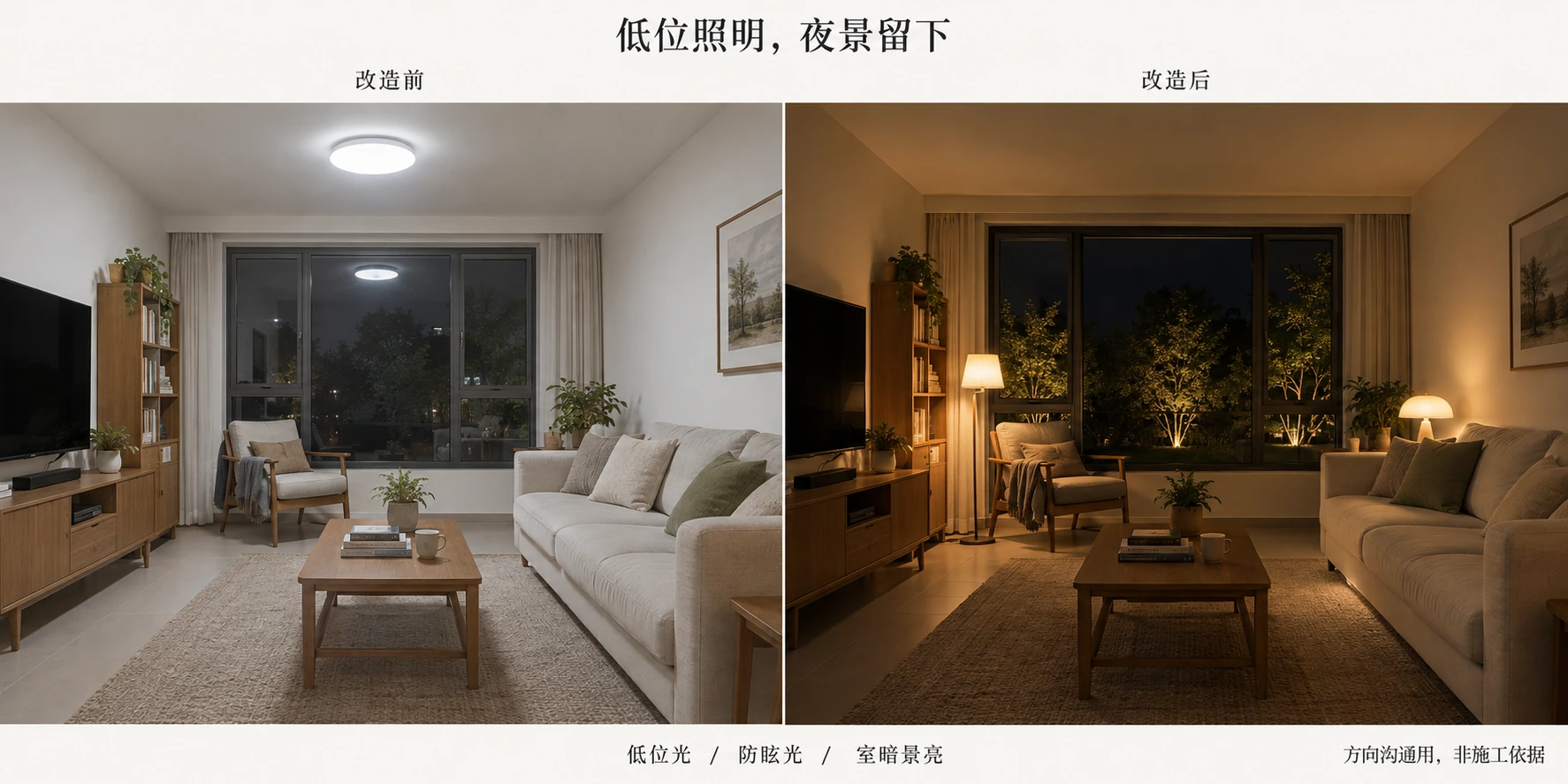 图 08 · 低位照明，夜景留下，左侧调整前、右侧调整后的同房间对照