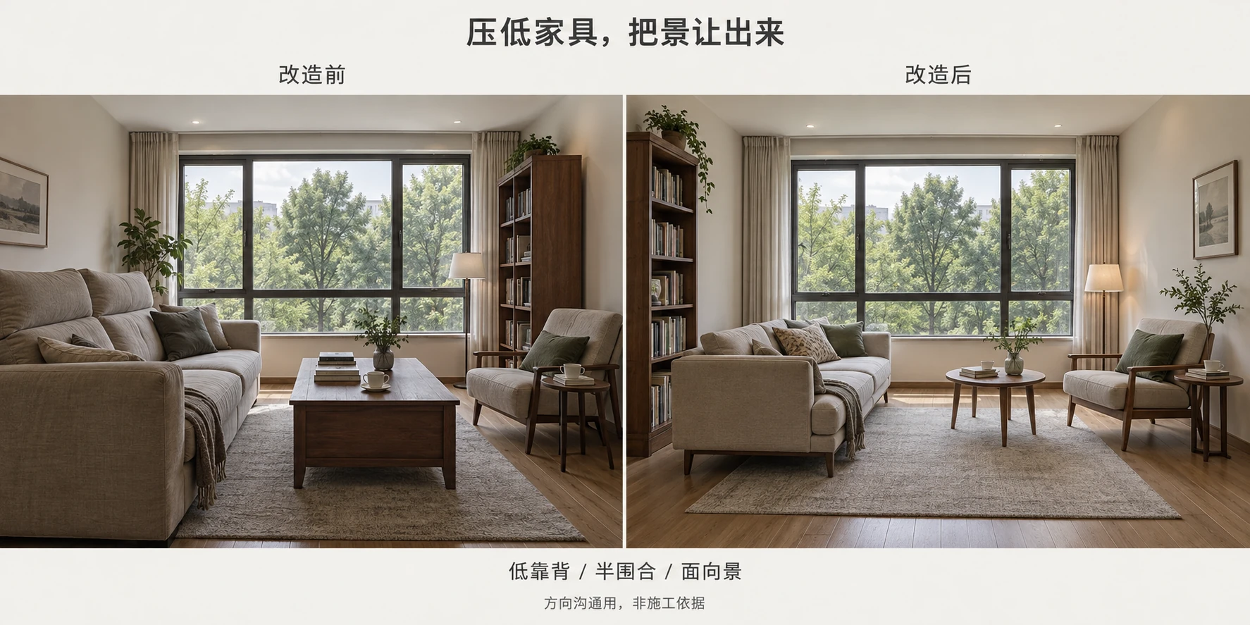 图 09 · 压低家具，把景让出来，左侧调整前、右侧调整后的同房间对照