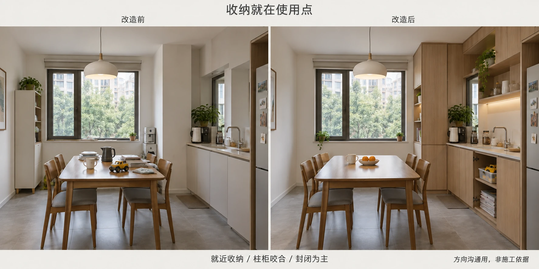 图 10 · 收纳就在使用点，左侧调整前、右侧调整后的同房间对照