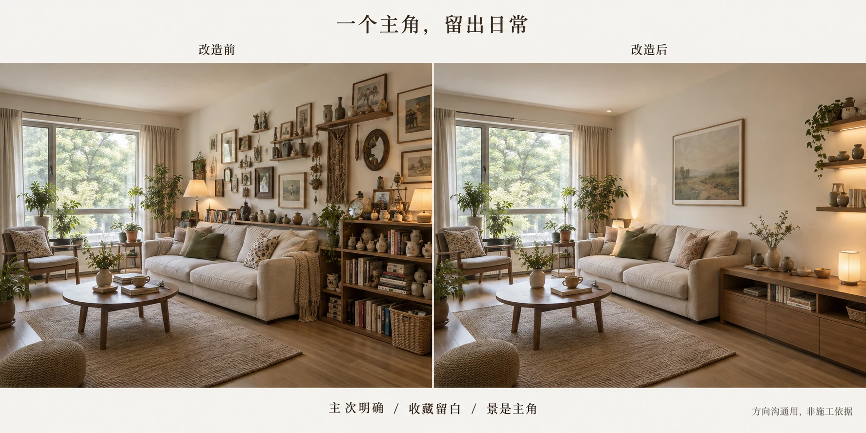 图 11 · 一个主角，留出日常，左侧调整前、右侧调整后的同房间对照